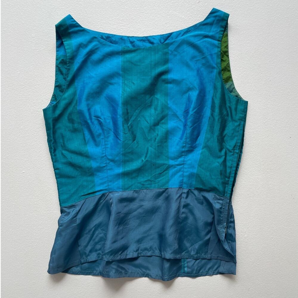 Vtg 60s Blue Silk Taffeta Striped Sleeveless Top / Sz M Unique Avant Garde Retro